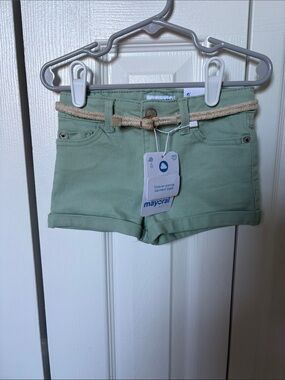 Mayoral Sage Green Girls' Cotton Shorts with Braided Rope Belt